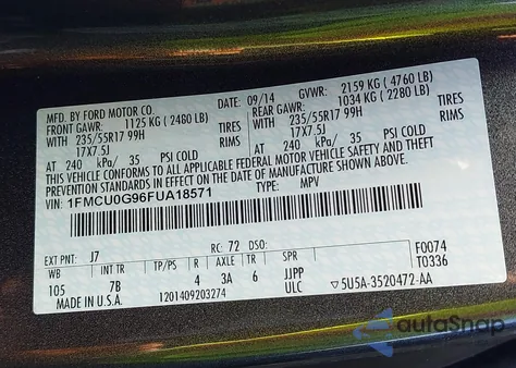 2015 Ford Escape Se из США, поврежденный, VIN 1FMCU0G96FUA18571